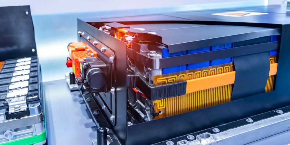 Electric vehicle battery pack with integrated power electronics and high‑voltage connections, representative of a battery management system using high‑ and low‑side current sensing for monitoring and protection.
