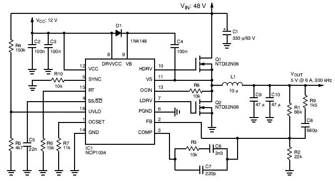 NCP1034: 100 V同期降圧型コントローラ