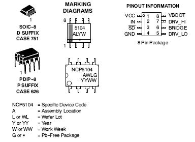 NCP5104: シングル入力ハイサイドおよびローサイド Power MOSFET ドライバ
