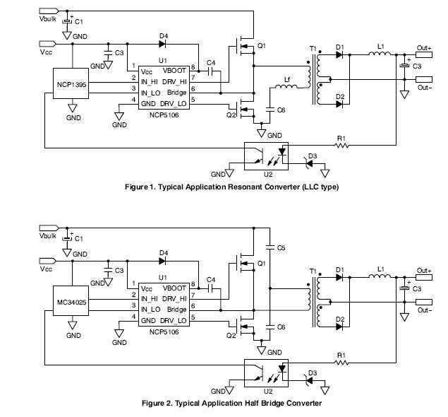 NCP5106: MOSFET/IGBTドライバ、高電圧、ハイ/ロー・サイド