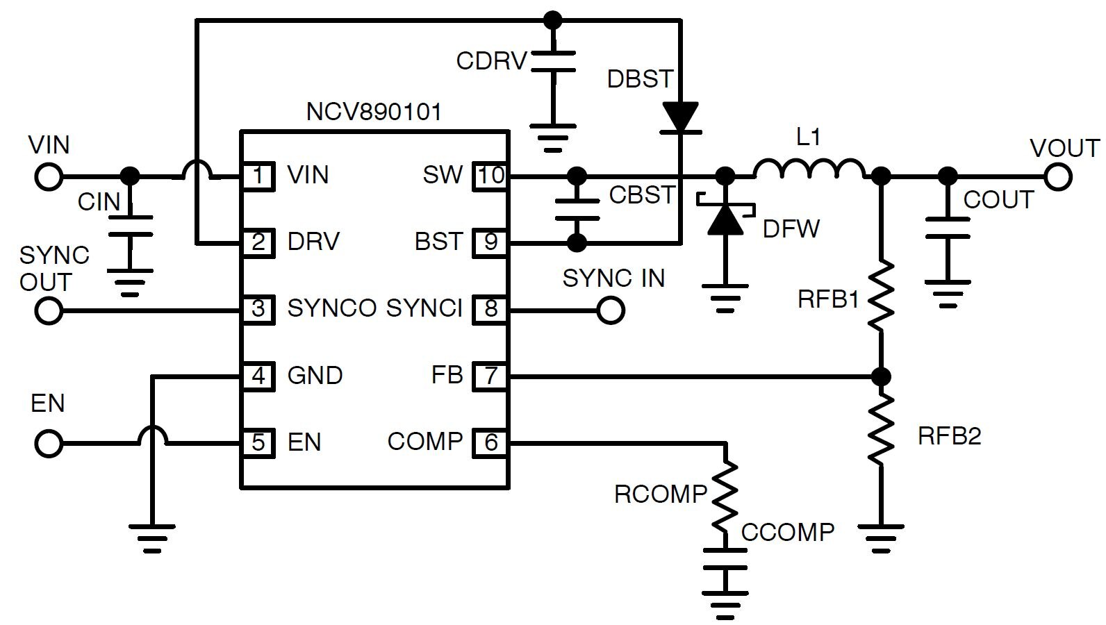 NCV890101: 車載用スイッチング・レギュレータ、降圧、1.2 A、2 MHz